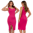 Vestido Feminino Midi Canelado com Fenda e Botões