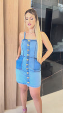 Vestido Jeans Feminino Com Botões Lycra Curto Alça Fina